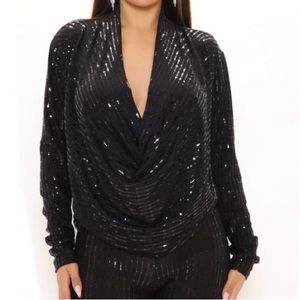 🆕 Fashion Nova All That Glitter Cowell Neck Black Lurex Metallic Sequin Top